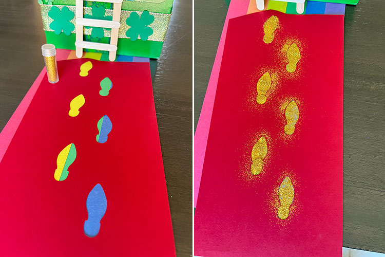 a split image showing leprechaun footprints cut out of cardstock on the left and gold glitter sprinkled over the footprints on the right