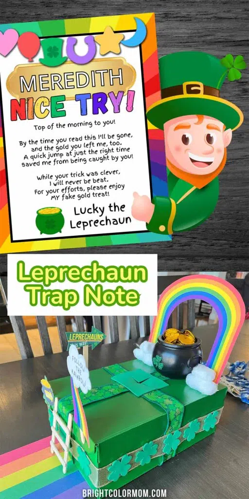 a leprechaun leaving a note by a shoebox leprechaun trap