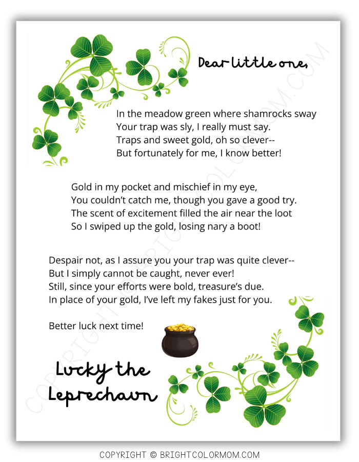 a simple St. Patrick's Day poem with clover scrolls in opposing corners and a black pot of gold near the bottom