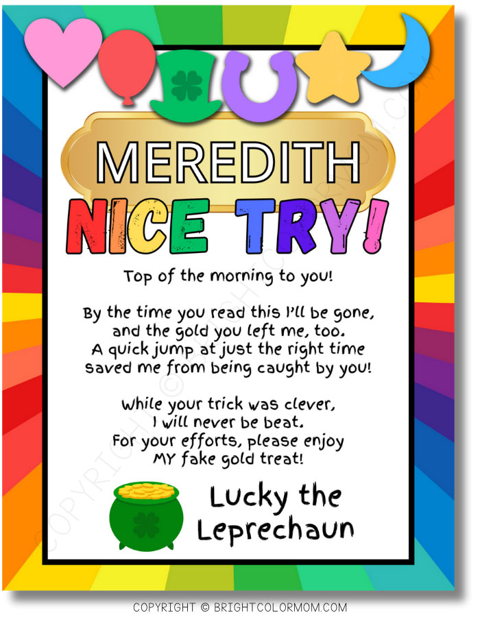 a leprechaun trap note with a rainbow border, Lucky Charms marshmallow garland, gold nameplate, rainbow lettering, and a green pot of gold