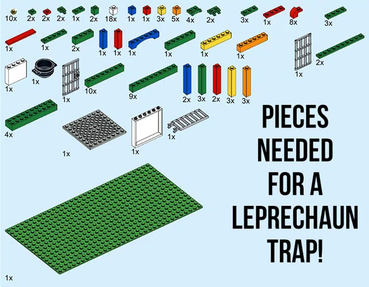 a visual representation of LEGO parts needed to build a working leprechaun trap