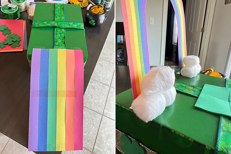 a split image with a construction paper rainbow road on the left and a standing cardstock-printed rainbow on the right