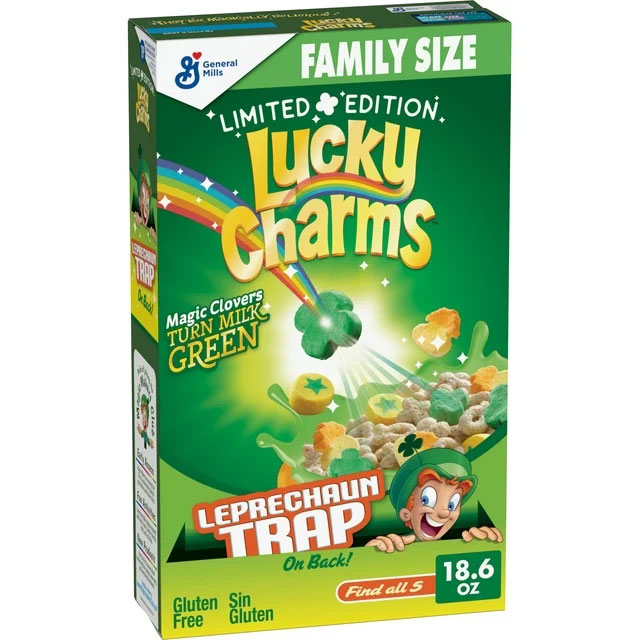 a green Lucky Charms cereal box that can be used to make a leprechaun trap