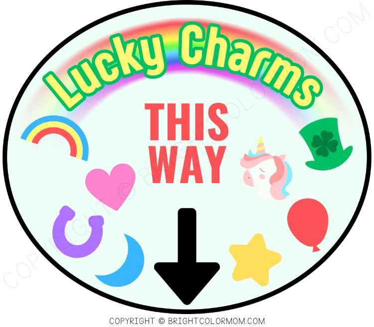 a pale blue oval with black border and the text "Lucky charms" over a rainbow with faded ends and "This Way" in the center, with a rainbow, heart, horseshoe, and crescent moon on the left side and a leprechaun hat, unicorn head, balloon, and star on the right side. A black arrow pointing down is in the center bottom