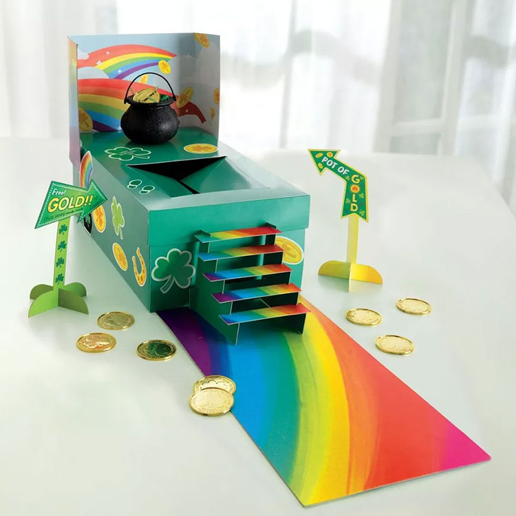 an assembled leprechaun trap from a ready-to-build cardstock kit