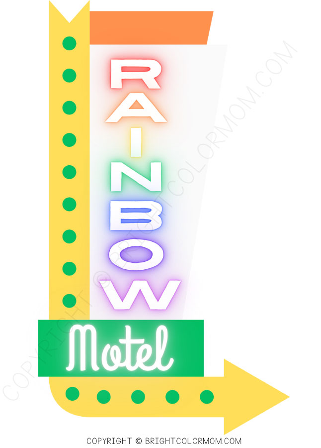 A clipart hotel sign with a long arrow with a bend that has "RAINBOW" in glowing rainbow-colored letters vertically and "Motel" in a simple white font over a green banner at the bottom