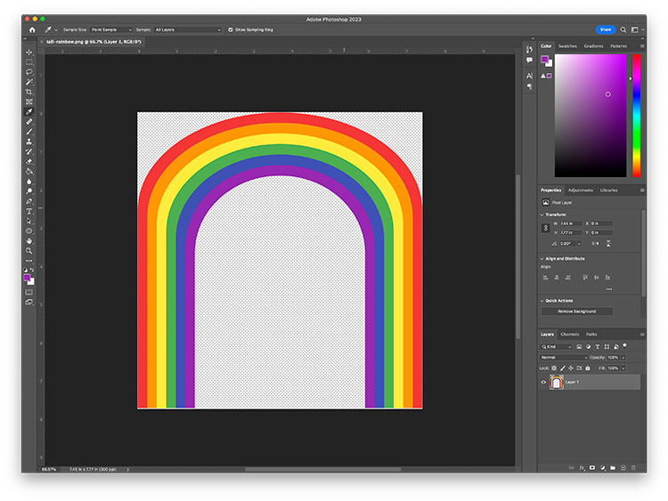 a window open in Photoshop showing a tall rainbow with a transparent background