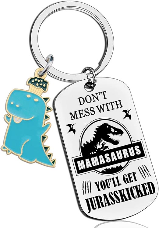 a silver keychain featuring dinosaurs that says Mamasaurus