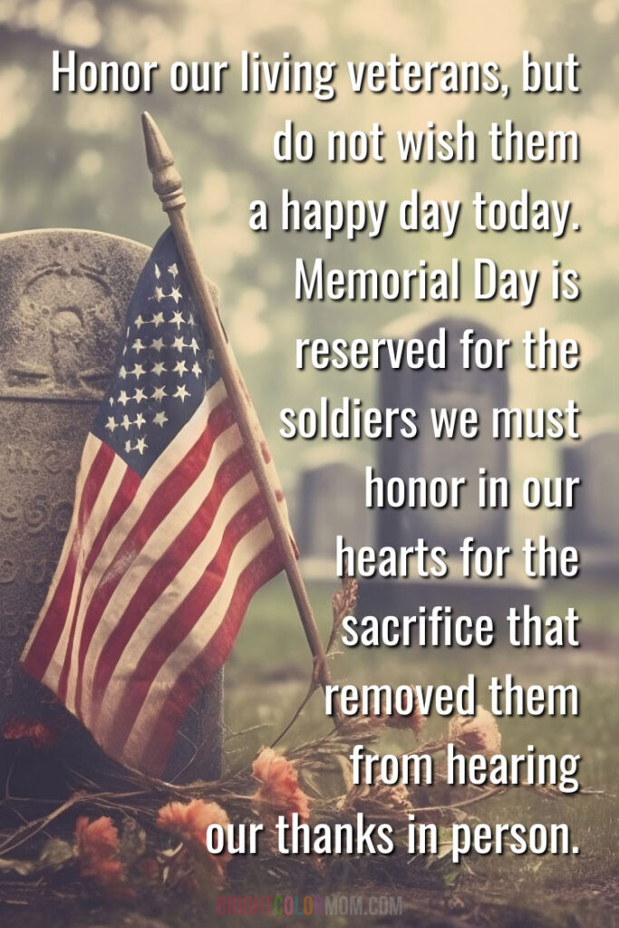 an American flag standing in a cemetery with a text overlay: "Honor our living veterans, but do not wish them a happy day today. Memorial Day is reserved for the soldiers we must honor in our hearts for the sacrifice that removed them from hearing our thanks in person."