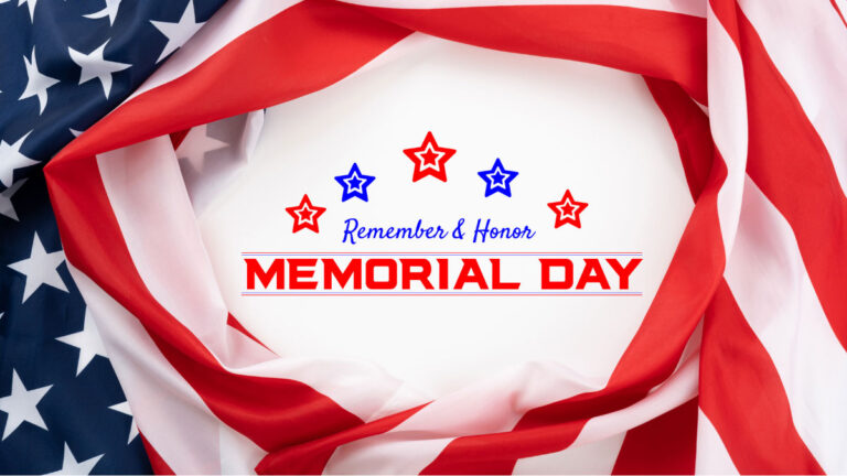 an American flag wrapped into a circle around a text graphic that says "Remember & Honor: Memorial Day"