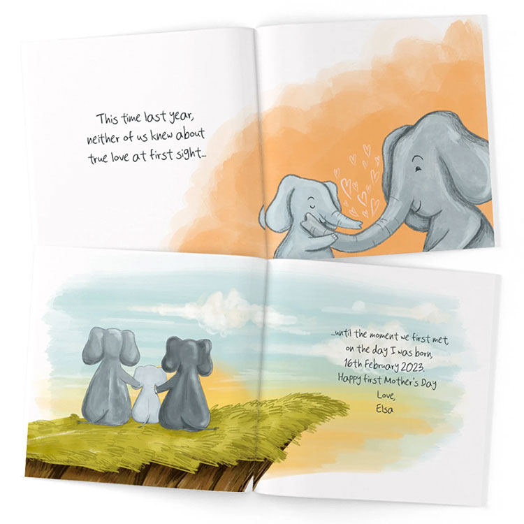 Example pages from a custom Mother's Day book featuring elephants and personal details