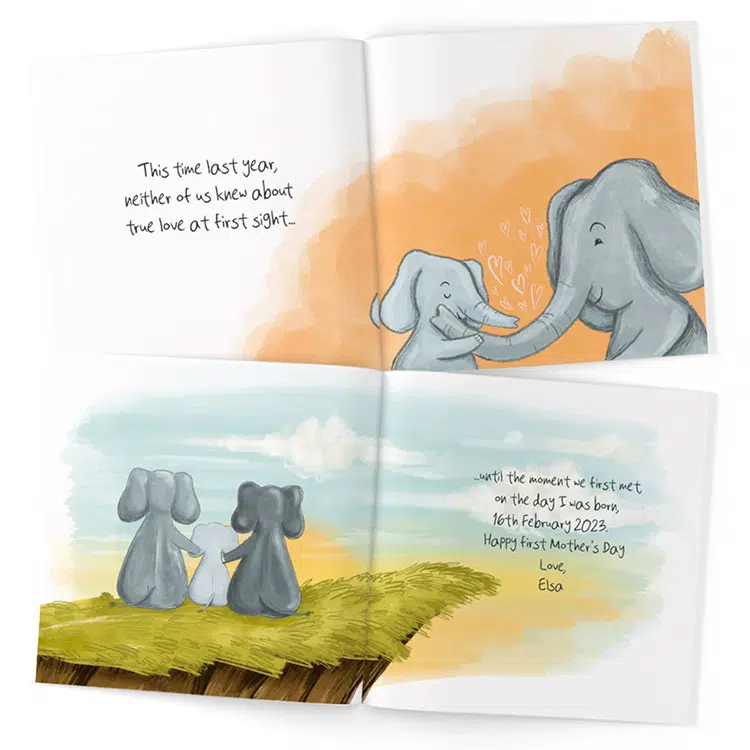 Example pages from a custom Mother's Day book featuring elephants and personal details