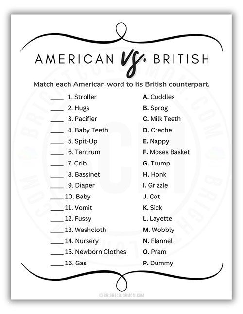 printable baby shower game where guests match a word to its British counterpart