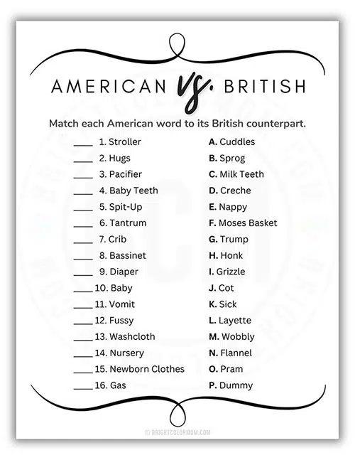 printable baby shower game where guests match a word to its British counterpart