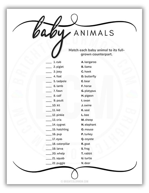 printable baby shower game where guests match animals to their words for their babies