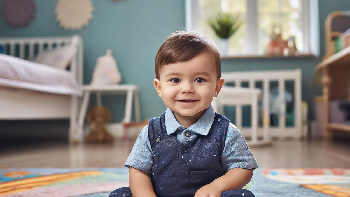 a cute baby boy in a button down and vest sitting on the floor of a nursery