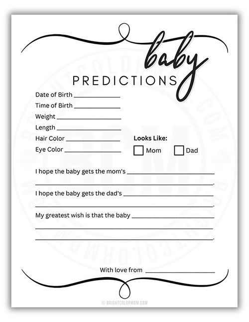 printable baby shower activity where guests make predictions about the baby's birth and appearance
