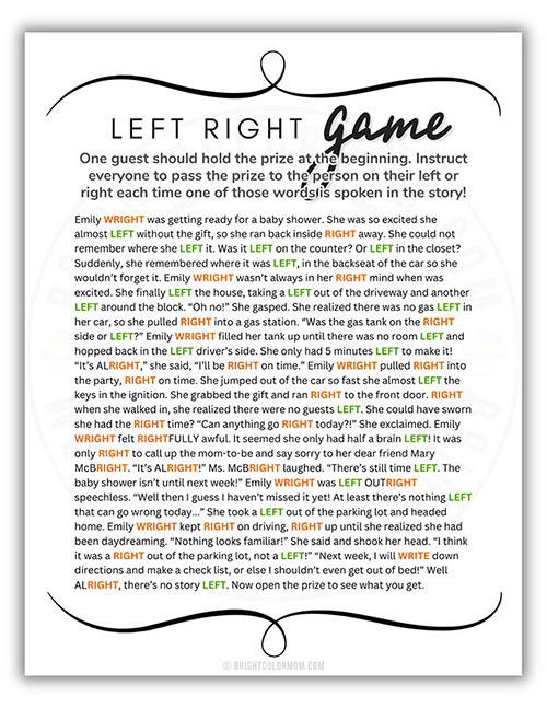 printable baby shower left right game