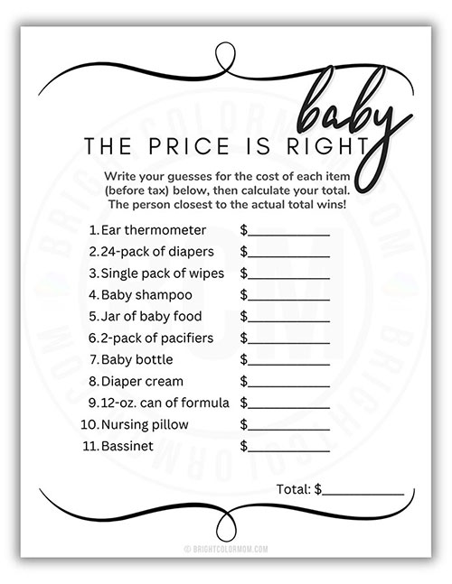 printable baby shower price is right game