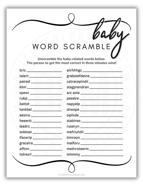 printable baby shower word scramble game
