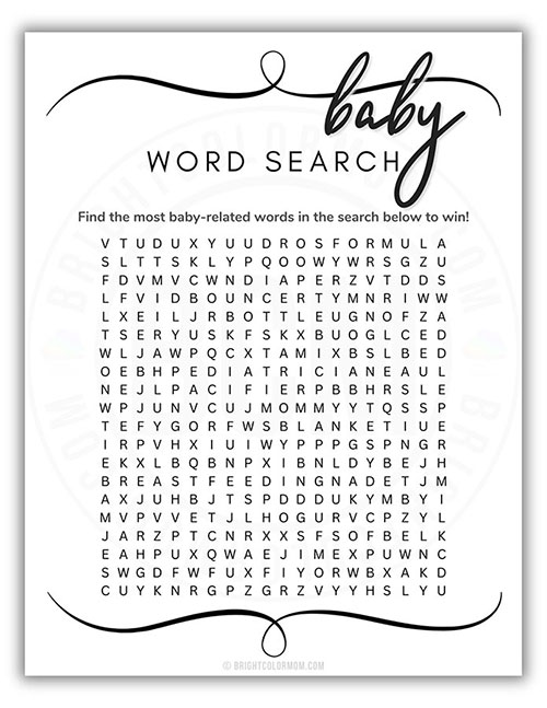 printable baby shower word search game