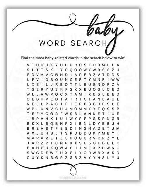 printable baby shower word search game