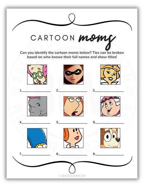printable baby shower game about identifying various animated mothers
