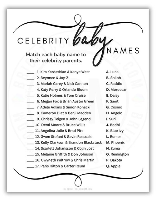printable baby shower game about matching baby names to their celebrity parents