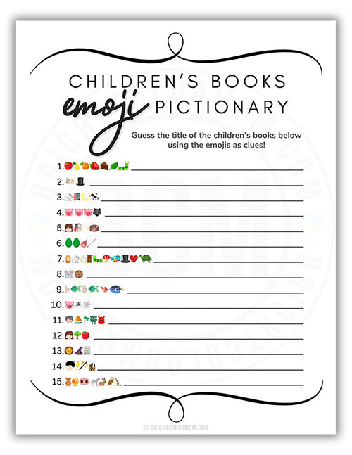 printable baby shower game about identifying children's books based on emojis