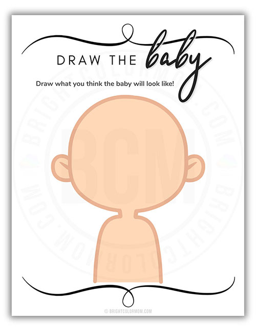printable baby shower activity where guests use a blank template to draw what they think the new baby will look like