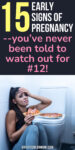a woman looking distressed sitting next to a toilet with a pizza resting on the lid, and text overlay that reads "15 early signs of pregnancy --you've never been told to watch out for #12!"