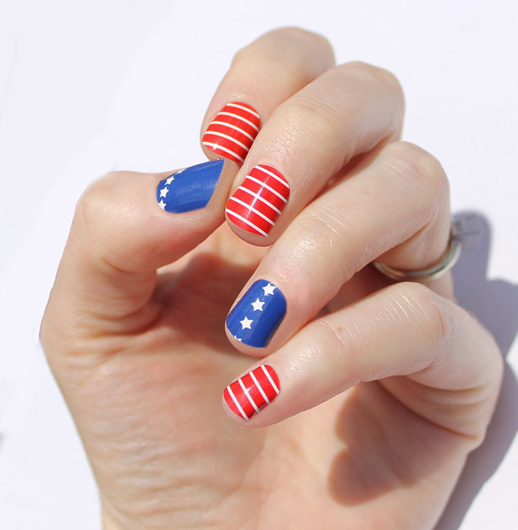 nail wraps featuring red with thin white stripes and blue with a vertical line of white stars