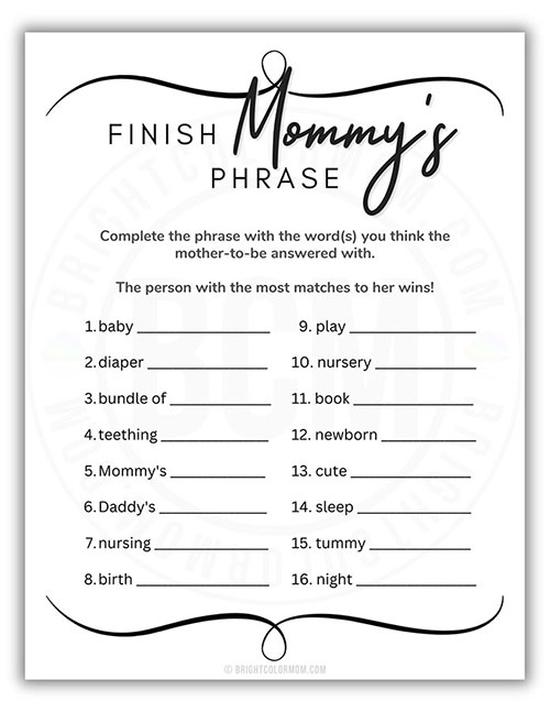 printable baby shower game about predicting what the mom-to-be will say after each baby-related word