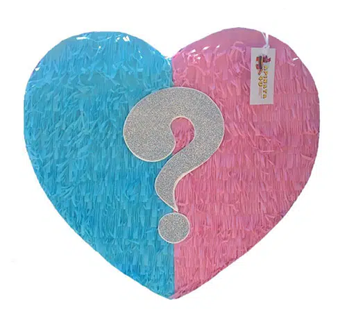 a heart-shaped gender reveal pinata with blue and pink coloring