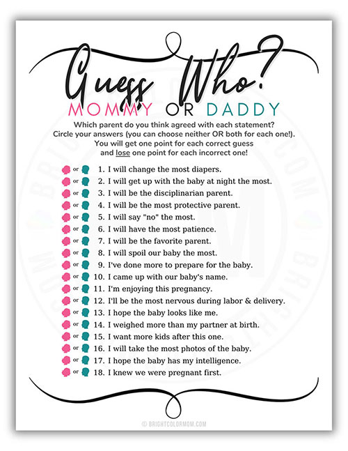 printable baby shower game about choosing which of the parents is likely to agree with each statement about raising their new baby