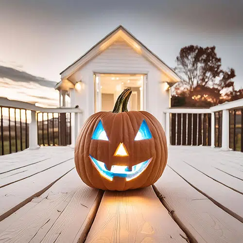 a jack-o-lantern sitting on a porch with a blue light glowing inside