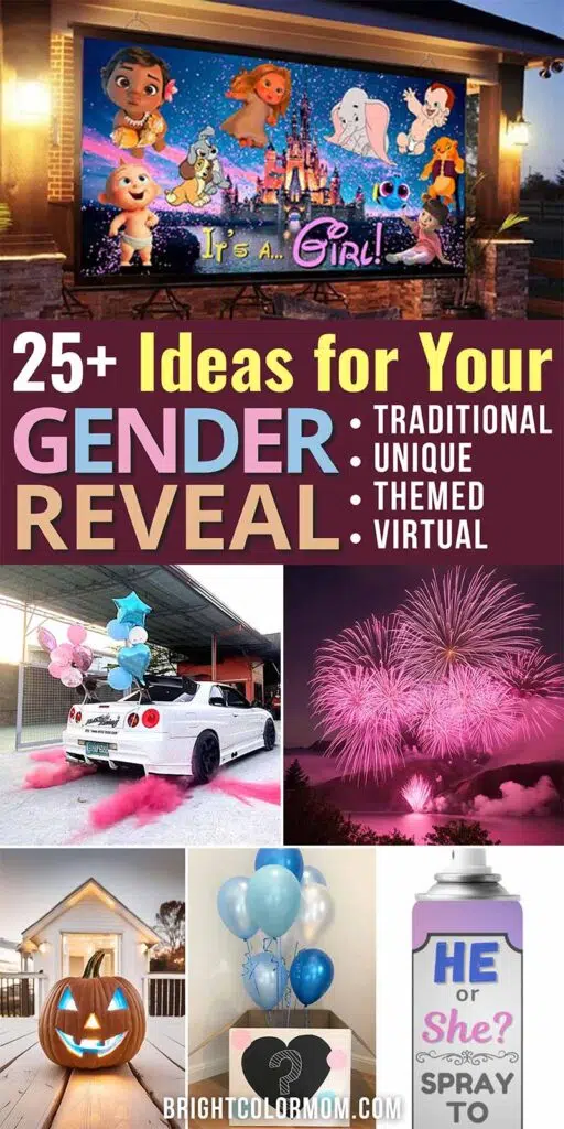 a collage of various gender reveal methods with a text overlay: "25+ ideas for your gender reveal: traditional, unique, themed, virtual"