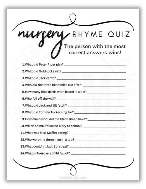 printable baby shower game where guests must answer questions about various nursery rhymes