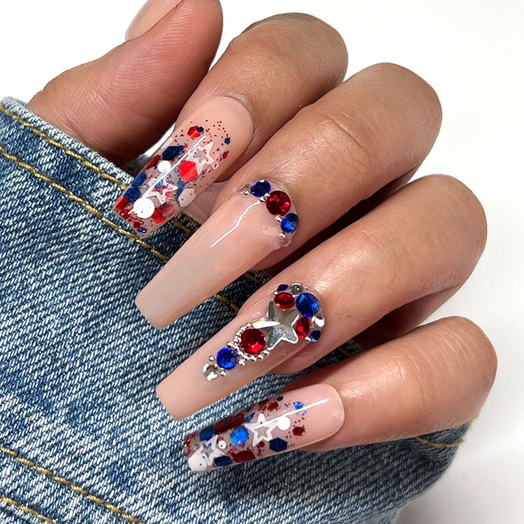 press-on coffin style acrylic nails with rhinestone bling in red, white, and blue