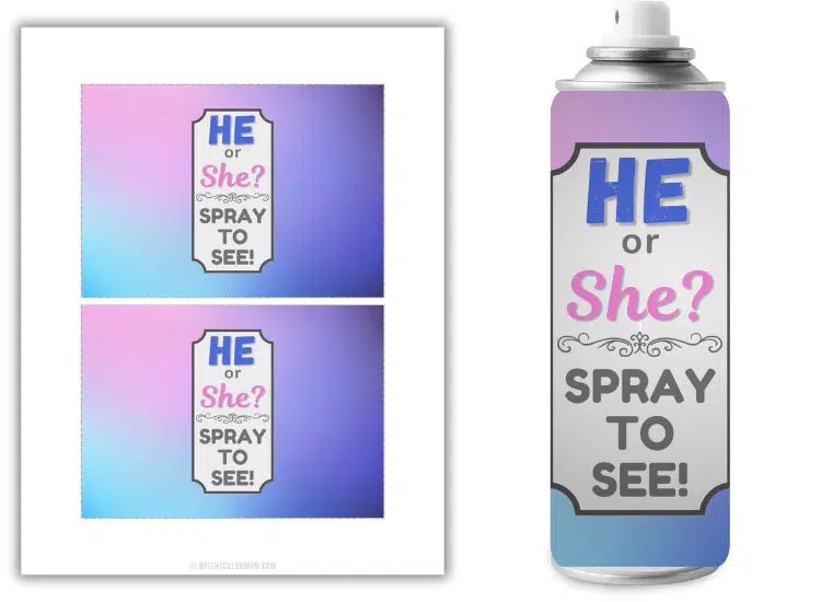 a printable gender reveal silly string label shown on paper and on a can