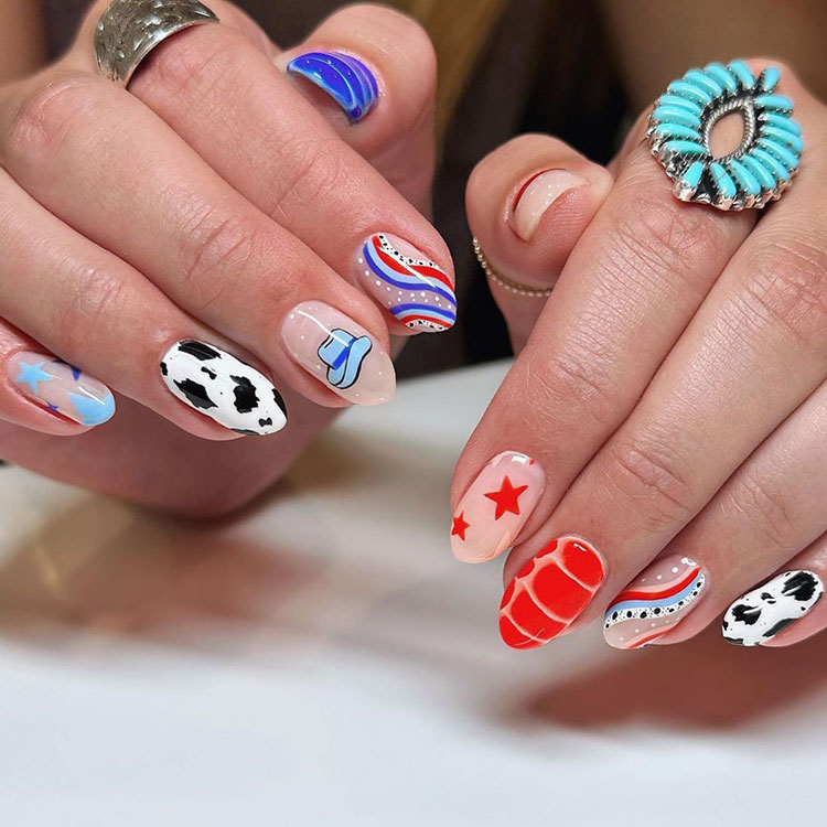 oval nails, each with a different style related to American culture (cow print, cowboy hat, red white and blue stripes, etc.)