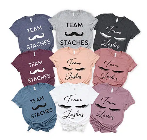 Team Staches and Team Lashes shirts shown in various colors