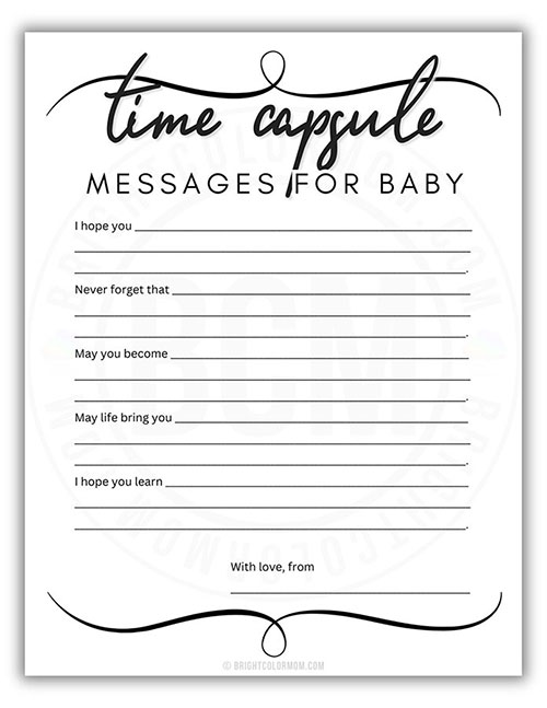 printable baby shower activity where guests complete prompts about various things for the new baby to read when they're grown