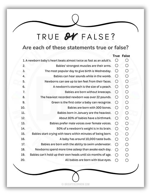 printable baby shower game where you determine whether a statement about babies is true or false
