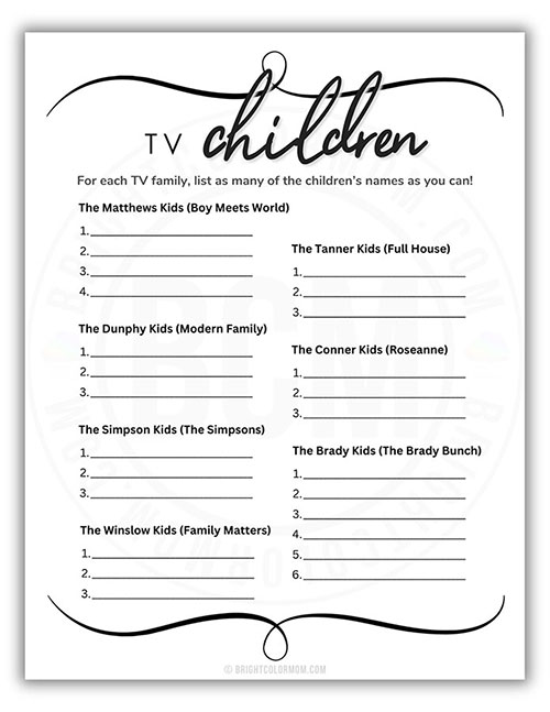 printable baby shower game where you list the children of various TV families