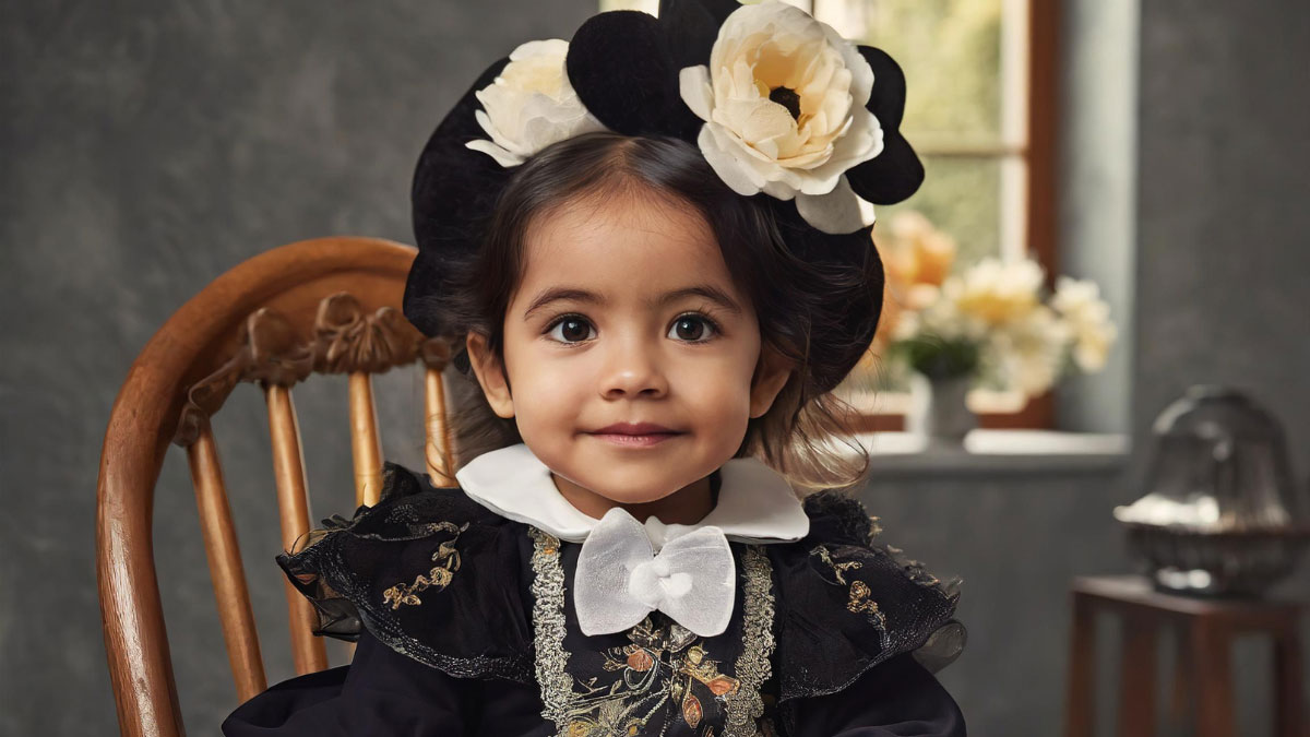 a baby girl dressed in a gothic aesthetic sitting in a high chair