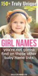 a cute baby girl dressed like a hippie sitting in a high chair with a text overlay that reads" 150+ Truly Unique Girl Names you're not gonna find on those other baby name lists"