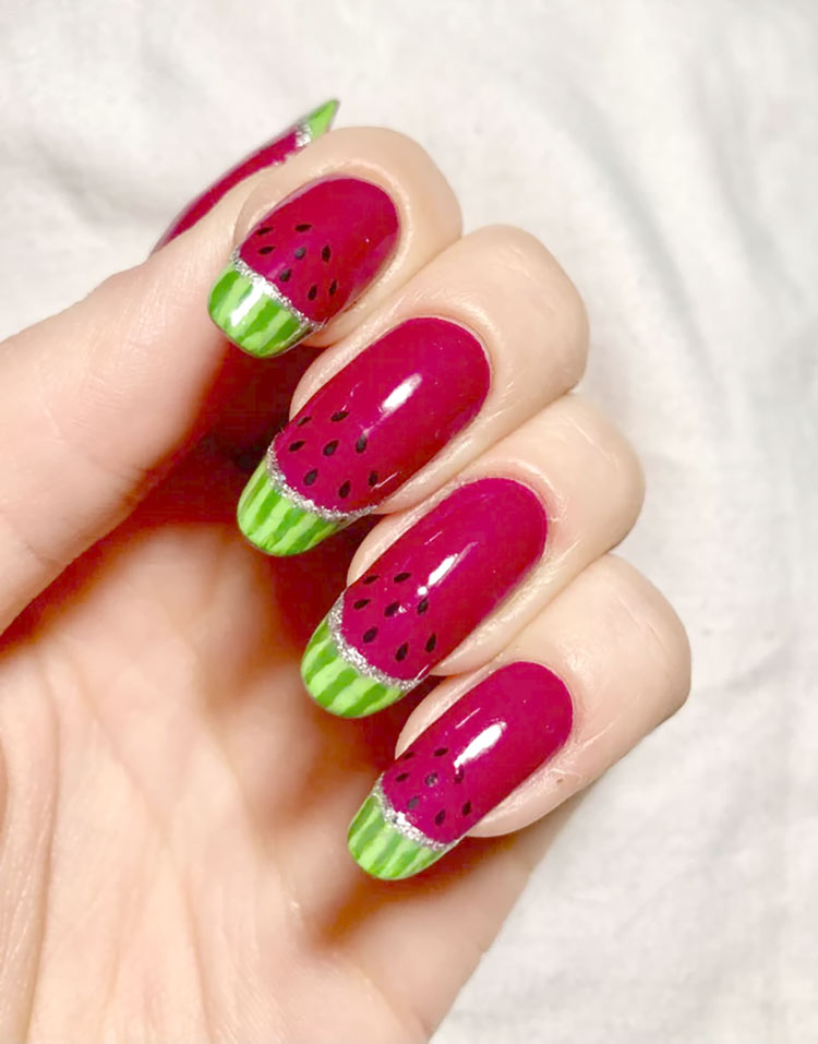 French tip oval nails made to look like watermelon slices