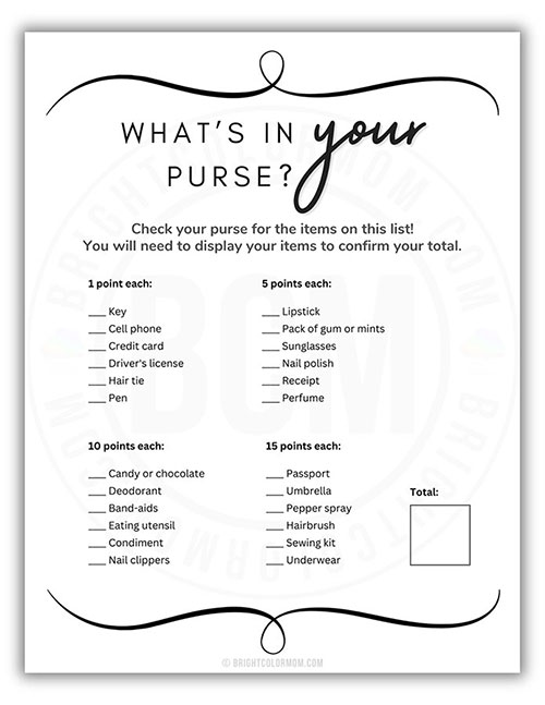 printable baby shower game that awards points if you have certain things in your purse