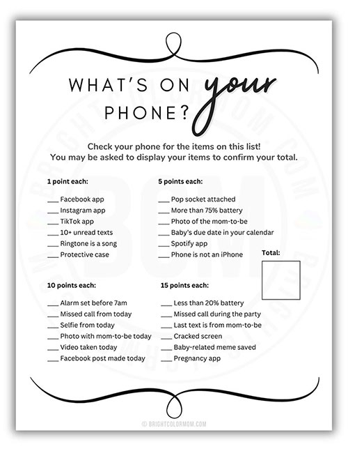 printable baby shower game that awards points based on specific things on your cell phone